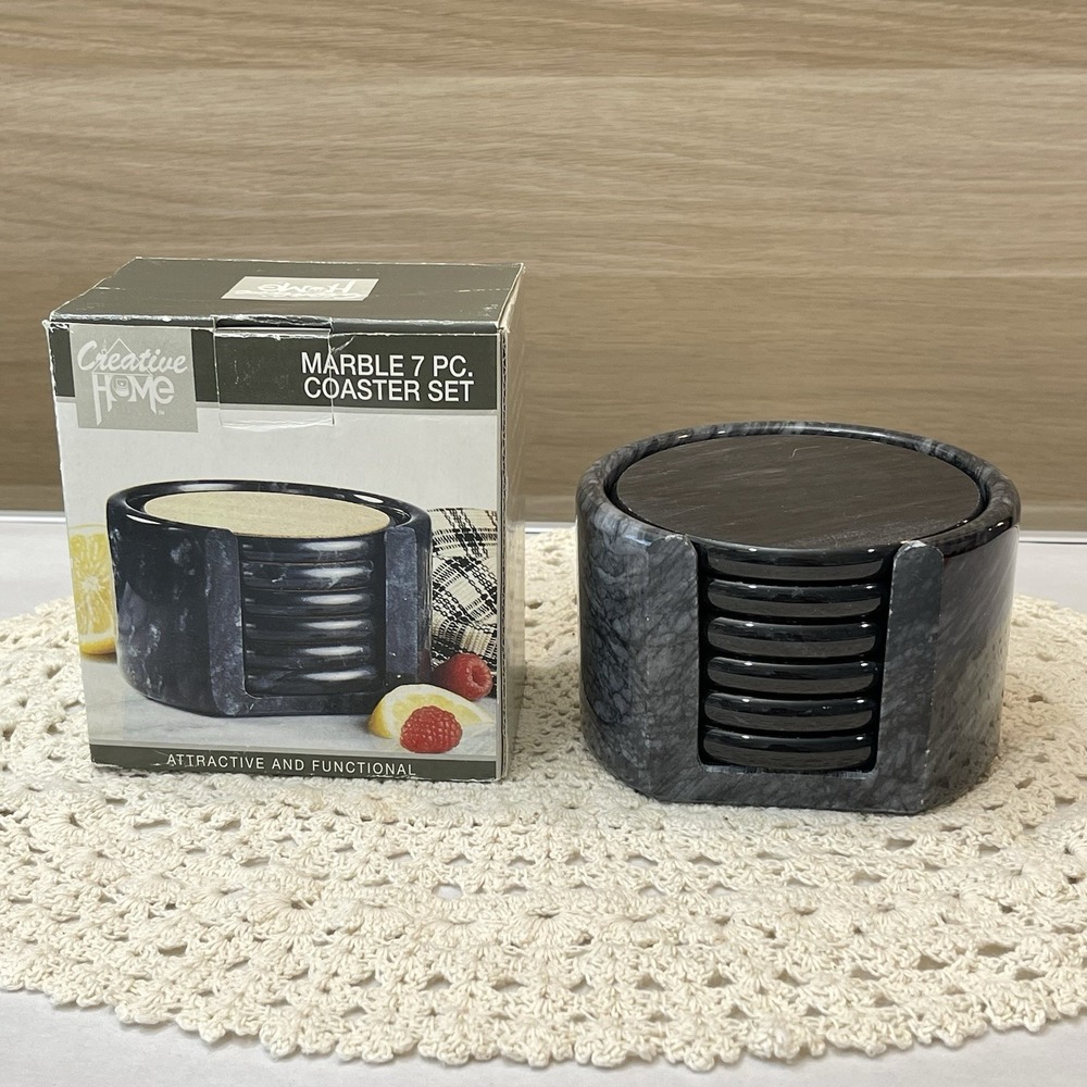 Creative Home Natural Gray Marble 7 Piece Round Coaster With Cork Inlays